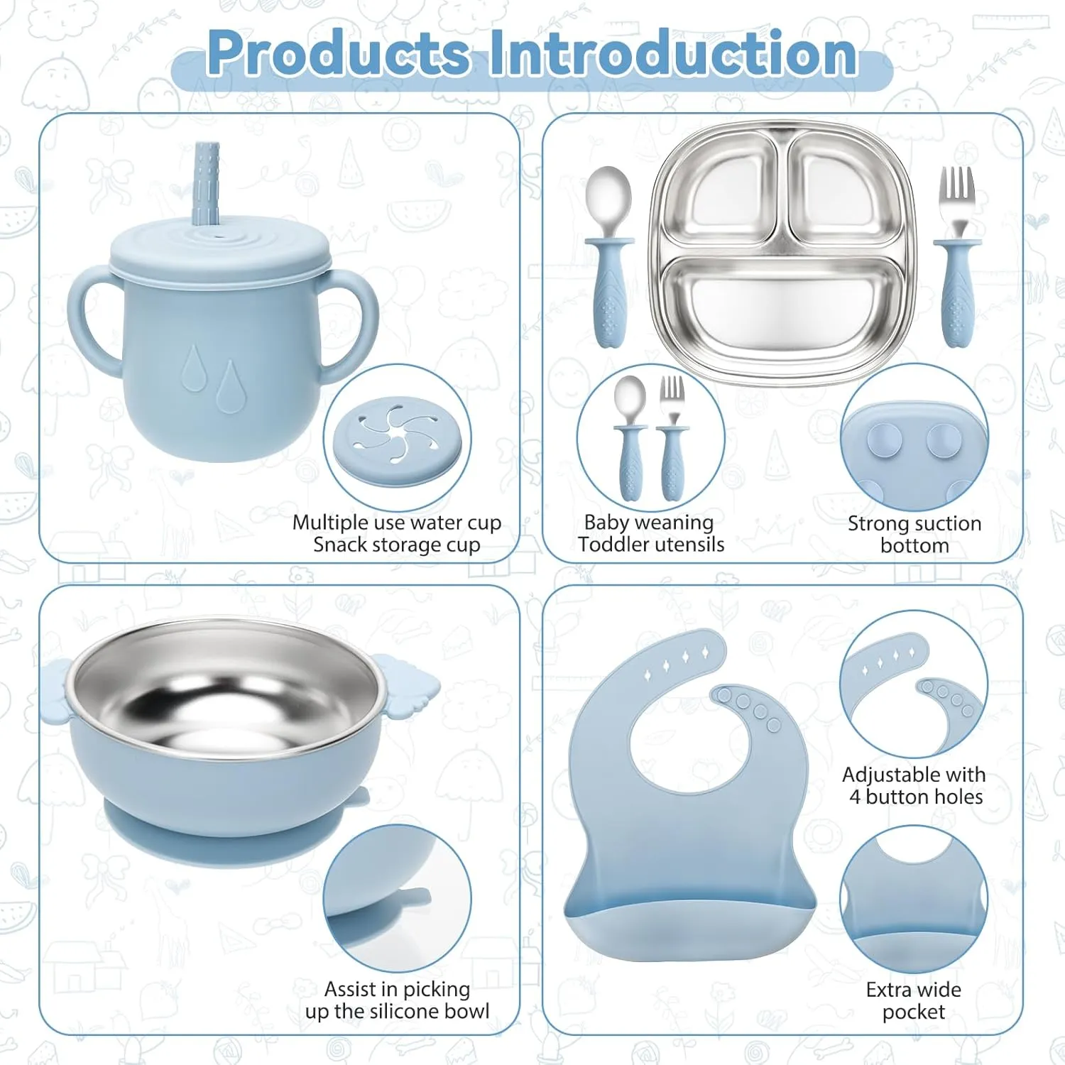 Stainless Steel Kids Plates and Bowls Set with Suction, Divided Baby Plate and Toddler Bowl with Removable Silicone Suction,Stainless Steel Weaning Bundle, Silicone Baby Feeding Set (Blue)