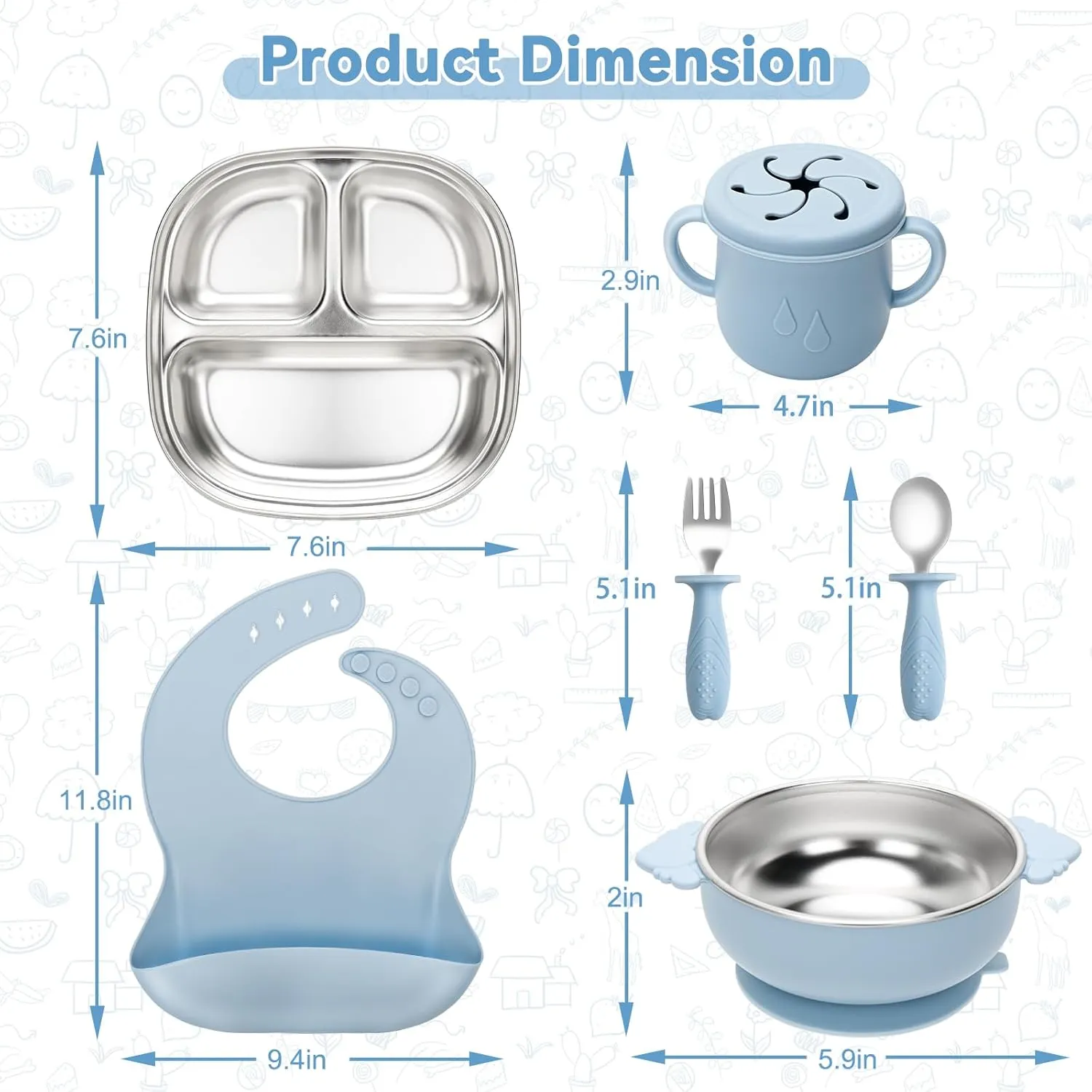 Stainless Steel Kids Plates and Bowls Set with Suction, Divided Baby Plate and Toddler Bowl with Removable Silicone Suction,Stainless Steel Weaning Bundle, Silicone Baby Feeding Set (Blue)