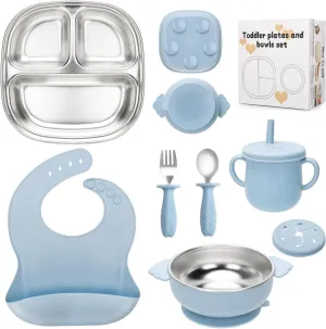 Stainless Steel Kids Plates and Bowls Set with Suction, Divided Baby Plate and Toddler Bowl with Removable Silicone Suction,Stainless Steel Weaning Bundle, Silicone Baby Feeding Set (Blue)