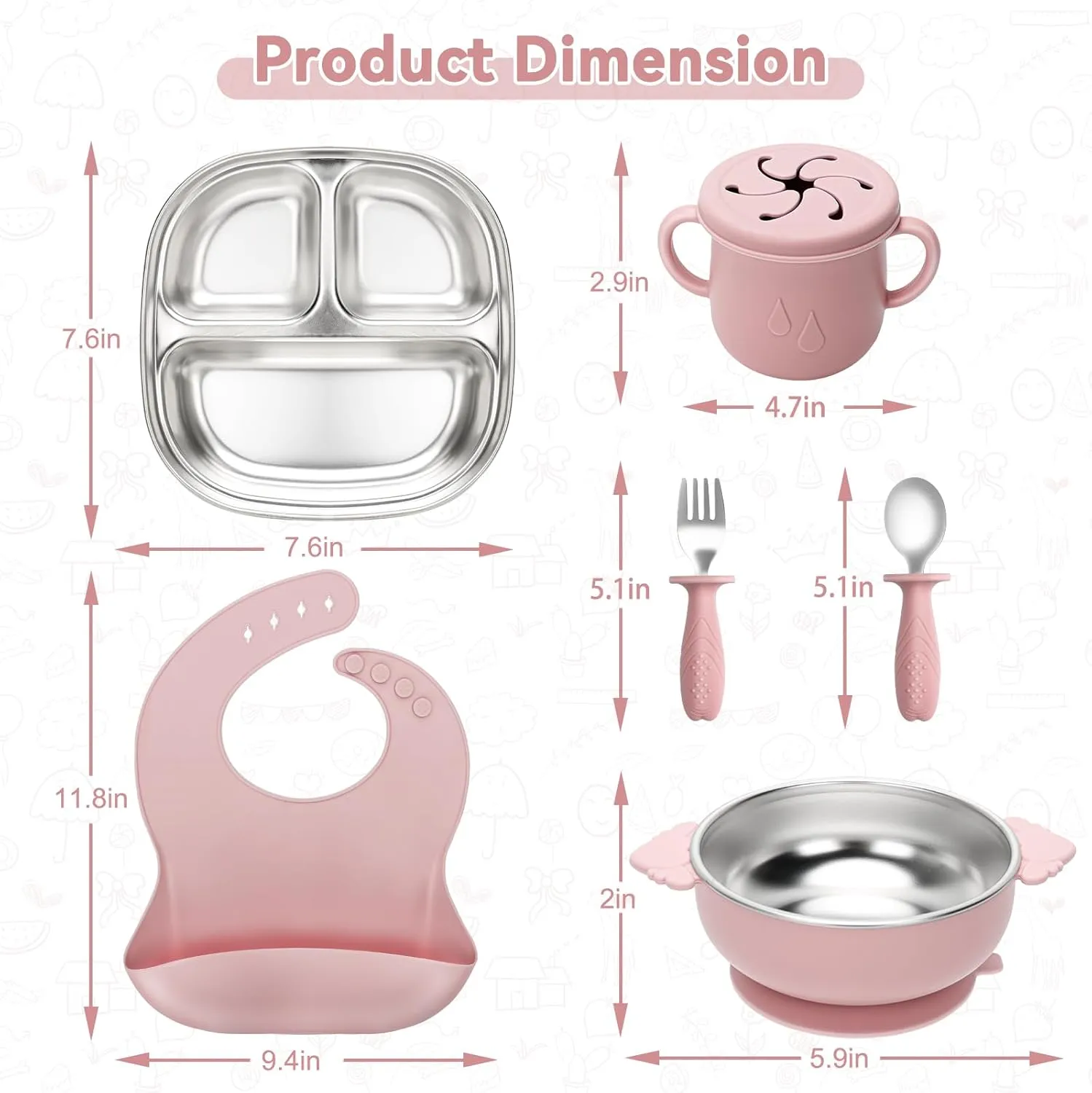 Stainless Steel Kids Plates and Bowls Set with Suction, Divided Baby Plate and Toddler Bowl with Removable Silicone Suction,Stainless Steel Weaning Bundle, Silicone Baby Feeding Set (Pink)