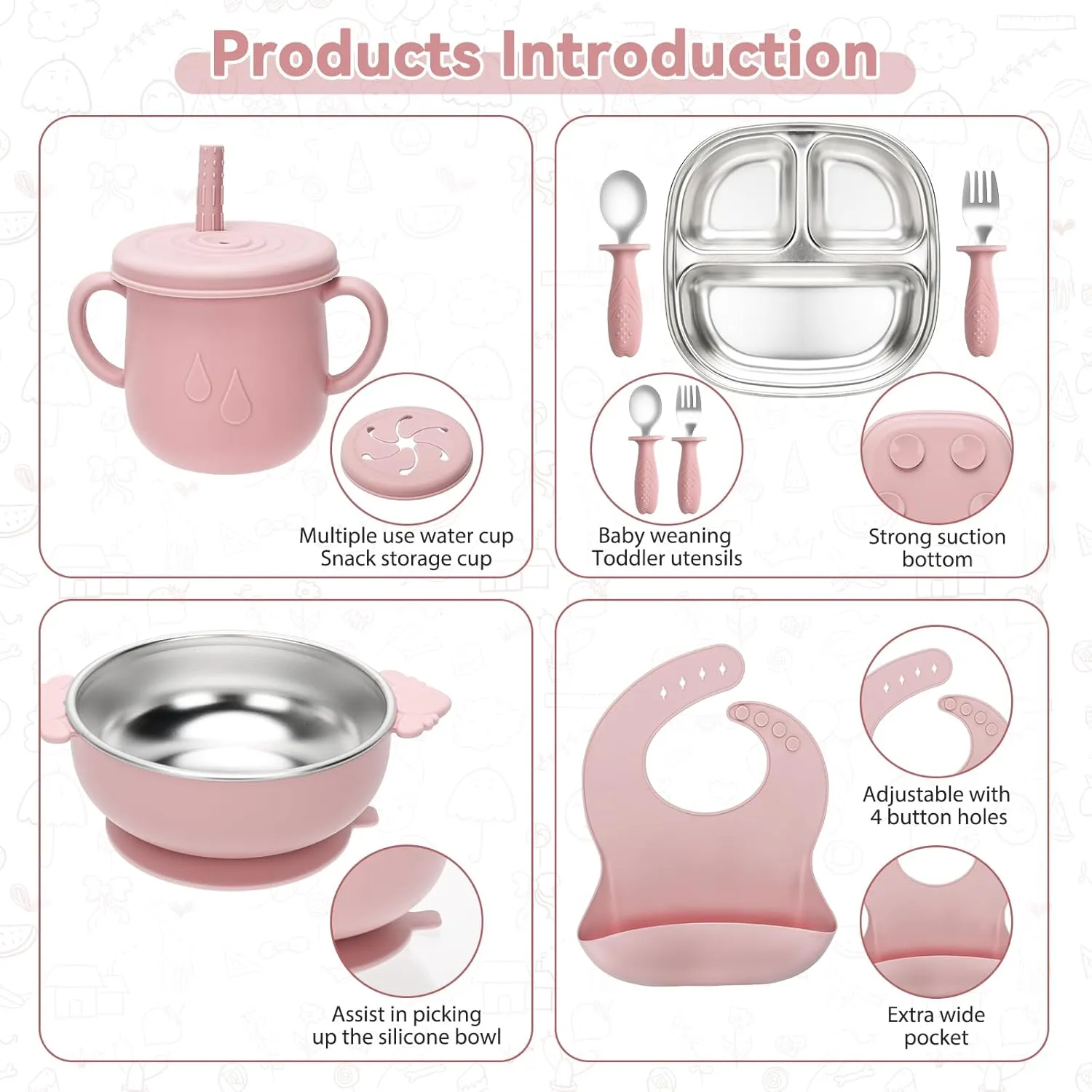 Stainless Steel Kids Plates and Bowls Set with Suction, Divided Baby Plate and Toddler Bowl with Removable Silicone Suction,Stainless Steel Weaning Bundle, Silicone Baby Feeding Set (Pink)