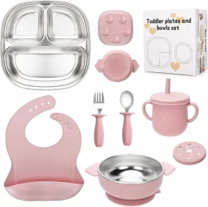 Stainless Steel Kids Plates and Bowls Set with Suction, Divided Baby Plate and Toddler Bowl with Removable Silicone Suction,Stainless Steel Weaning Bundle, Silicone Baby Feeding Set (Pink)