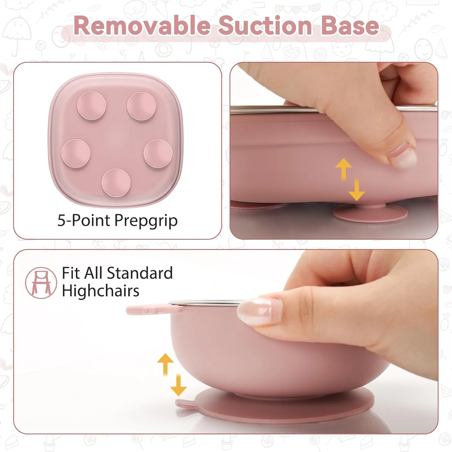 Stainless Steel Kids Plates and Bowls Set with Suction, Divided Baby Plate and Toddler Bowl with Removable Silicone Suction,Stainless Steel Weaning Bundle, Silicone Baby Feeding Set (Pink)