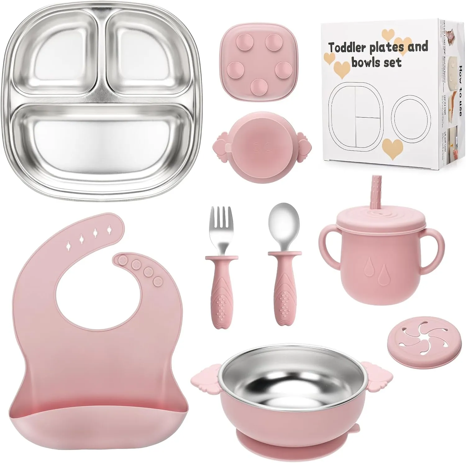 Stainless Steel Kids Plates and Bowls Set with Suction, Divided Baby Plate and Toddler Bowl with Removable Silicone Suction,Stainless Steel Weaning Bundle, Silicone Baby Feeding Set (Pink)