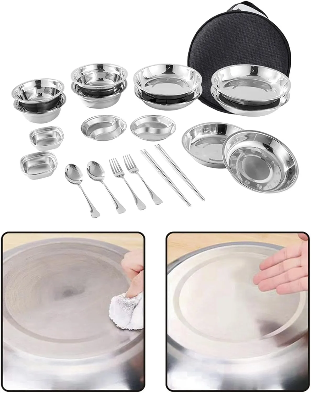 Stainless Steel Plates and Bowls Camping Mess Set Dinner Plate Dinnerware Camping Utensils Set for Outdoor Barbecue