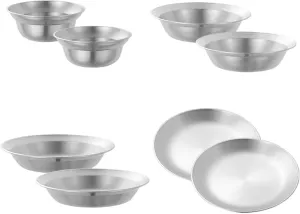 Stainless Steel Plates and Bowls Dinnerware Set Cutlery Camping Utensils Outdoor Tableware for Travel RV Picnic Barbecue