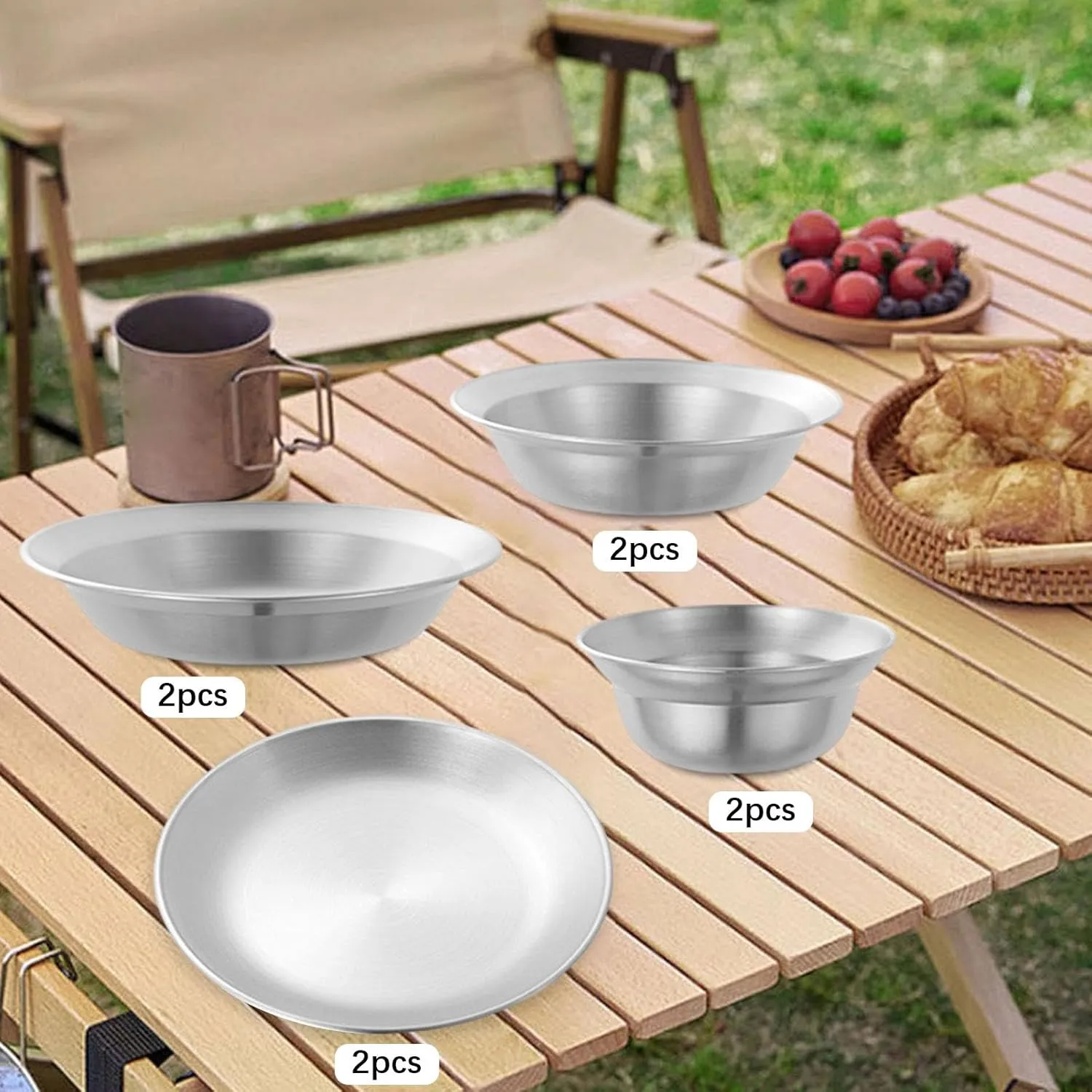 Stainless Steel Plates and Bowls Dinnerware Set Cutlery Camping Utensils Outdoor Tableware for Travel RV Picnic Barbecue