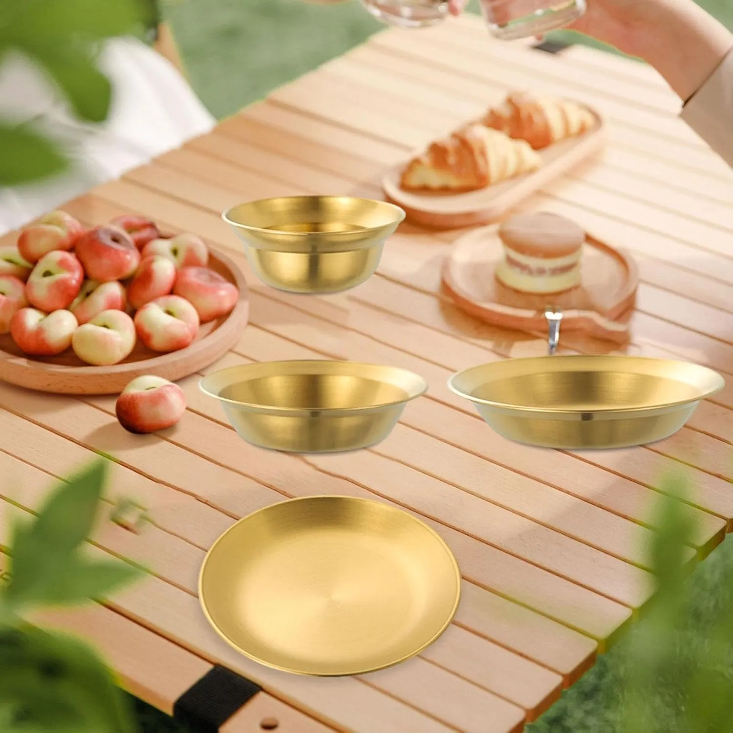 Stainless Steel Plates and Bowls Outdoor Tableware Camping Plates Camping Utensils for BBQ Hiking Beach Backpacking Apartment, 4PCS Gold