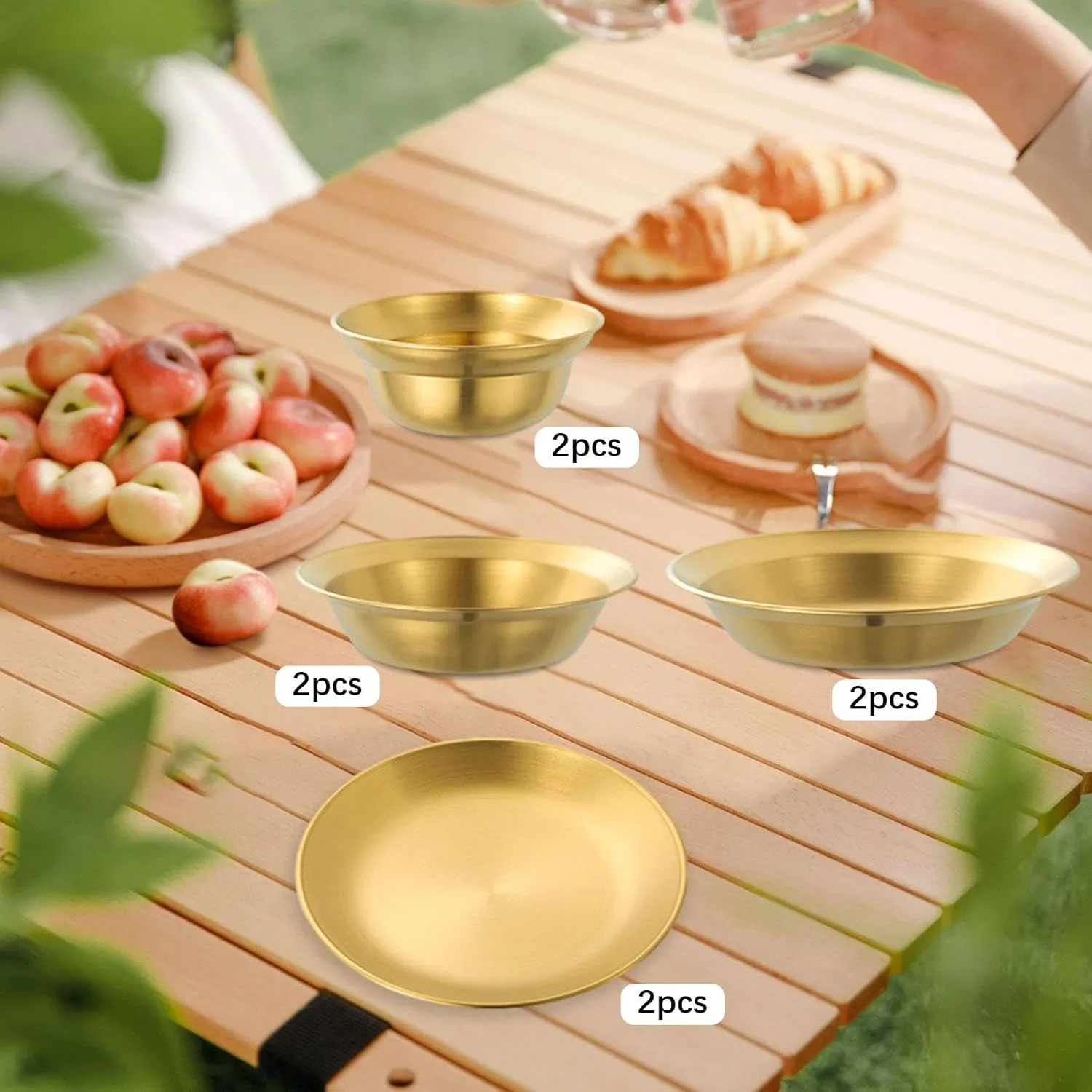 Stainless Steel Plates and Bowls Outdoor Tableware Camping Plates Camping Utensils for BBQ Hiking Beach Backpacking Apartment, 8PCS Gold