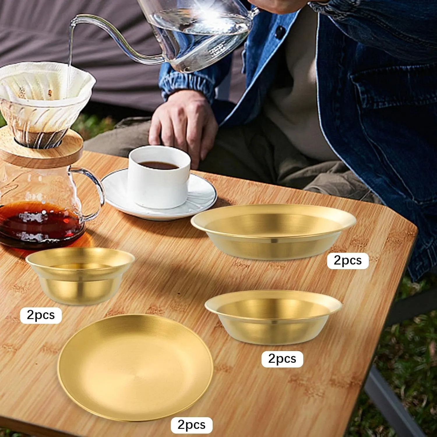 Stainless Steel Plates and Bowls Outdoor Tableware Camping Plates Camping Utensils for BBQ Hiking Beach Backpacking Apartment, 8PCS Gold