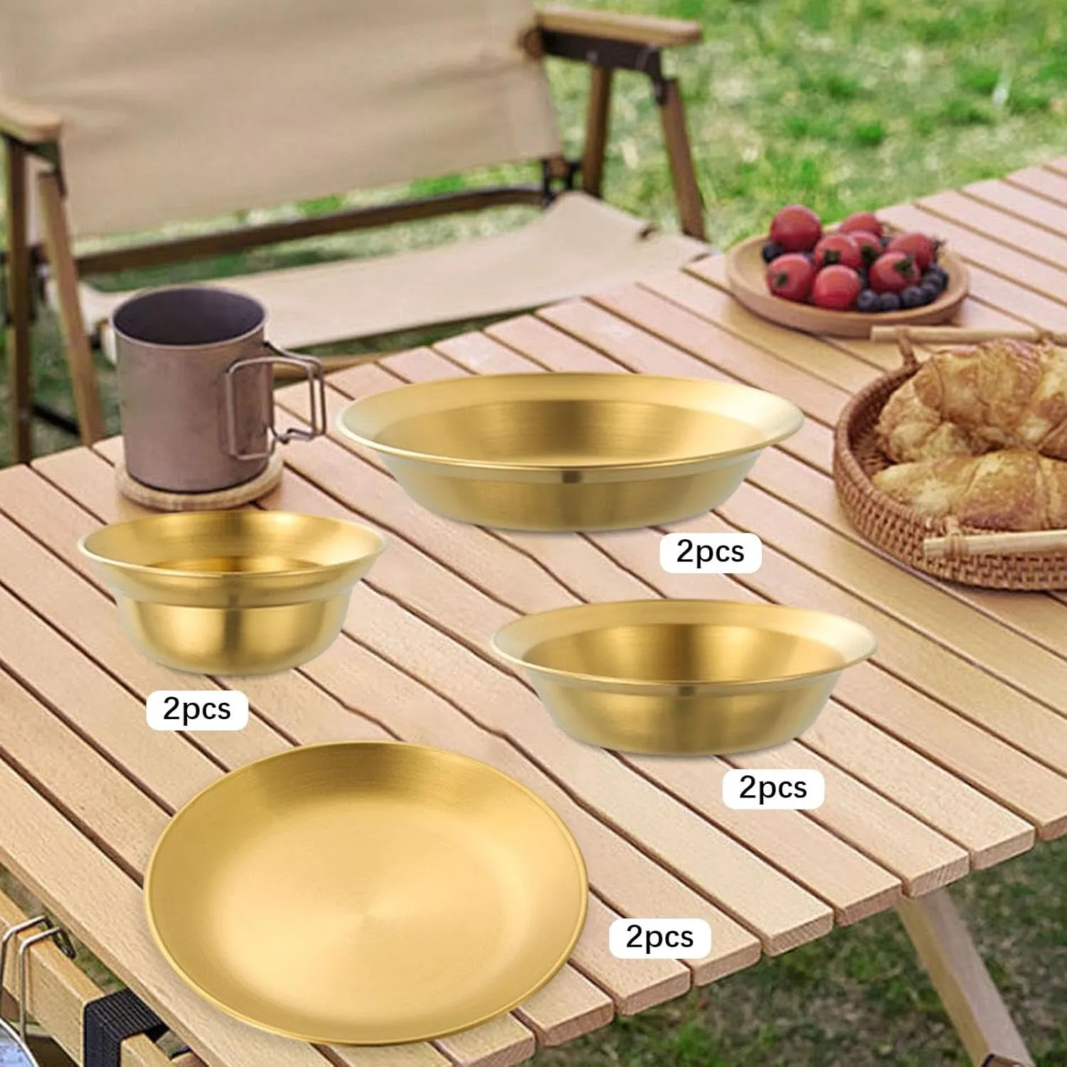 Stainless Steel Plates and Bowls Outdoor Tableware Camping Plates Camping Utensils for BBQ Hiking Beach Backpacking Apartment, 8PCS Gold