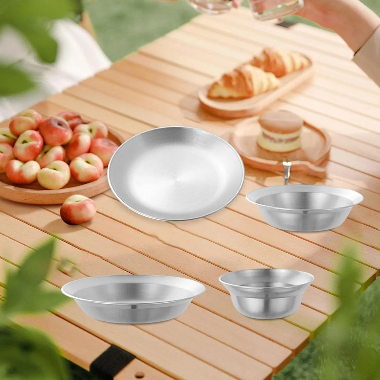 Stainless Steel Plates and Bowls Outdoor Tableware Portable Dinner Dishes Camping Utensils Dinnerware Set for Hiking Barbecue