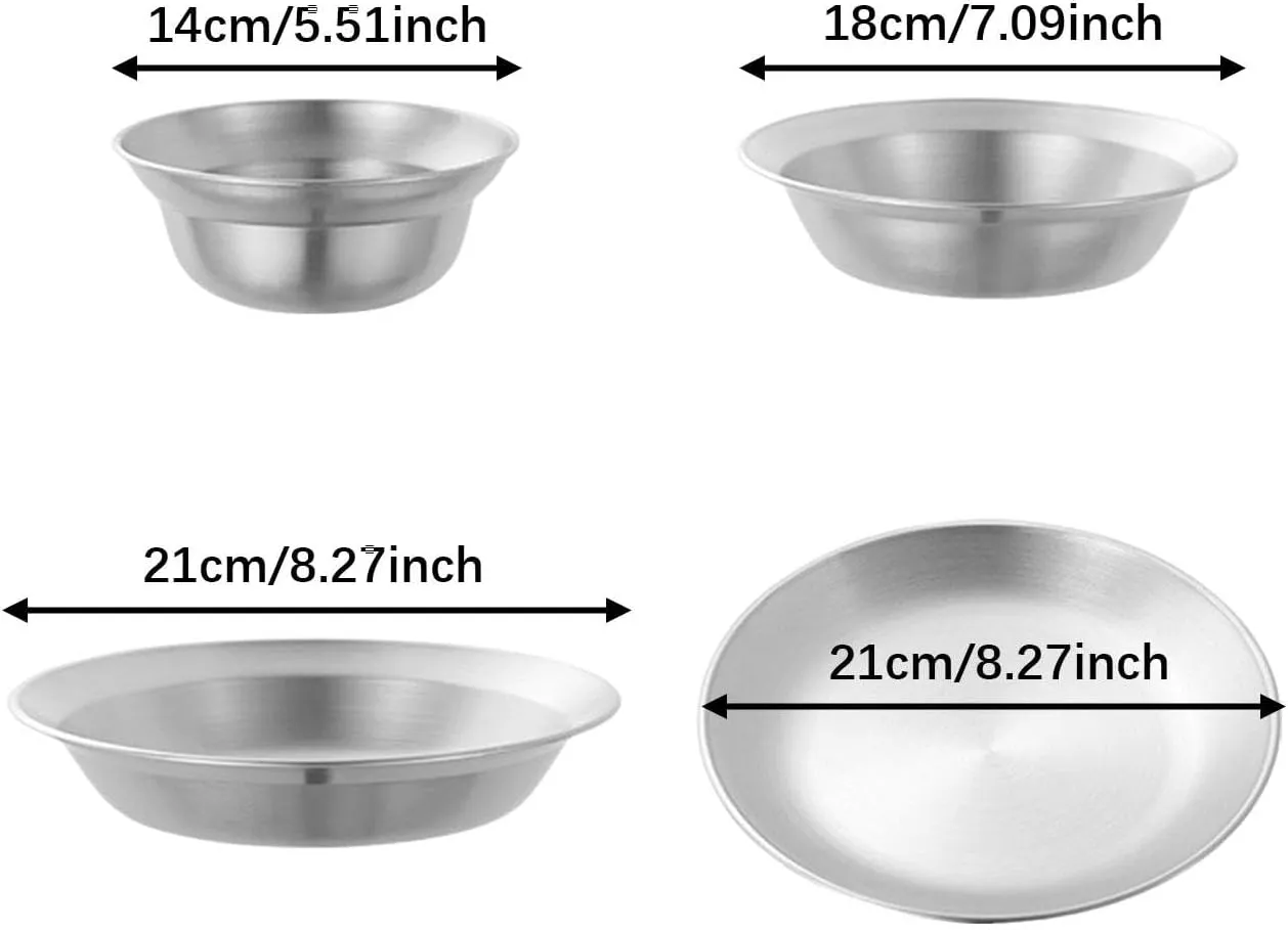 Stainless Steel Plates and Bowls Outdoor Tableware Portable Reusable Camping Utensils Dinnerware Set for RV Apartment Travel, 4PCS Silver