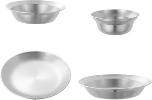 Stainless Steel Plates and Bowls Outdoor Tableware Portable Reusable Camping Utensils Dinnerware Set for RV Apartment Travel, 4PCS Silver