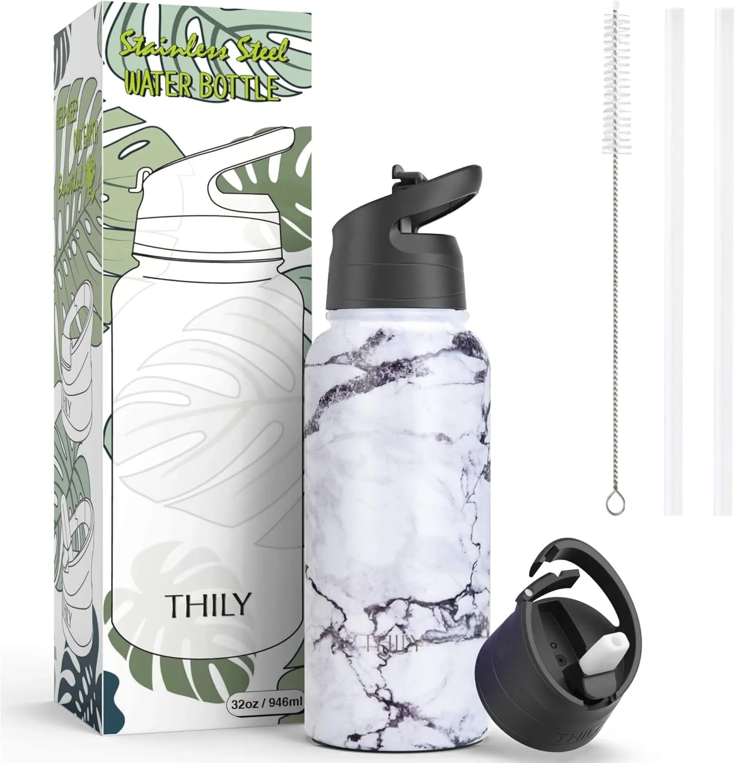Stainless Steel Sports Water Bottle - THILY Vacuum Insulated 32 oz Leakproof Wide Mouth Water Flask with 2 Lids and Straws, Keep Hot 12 Hours Cold 36 Hours, BPA Free, White Marble