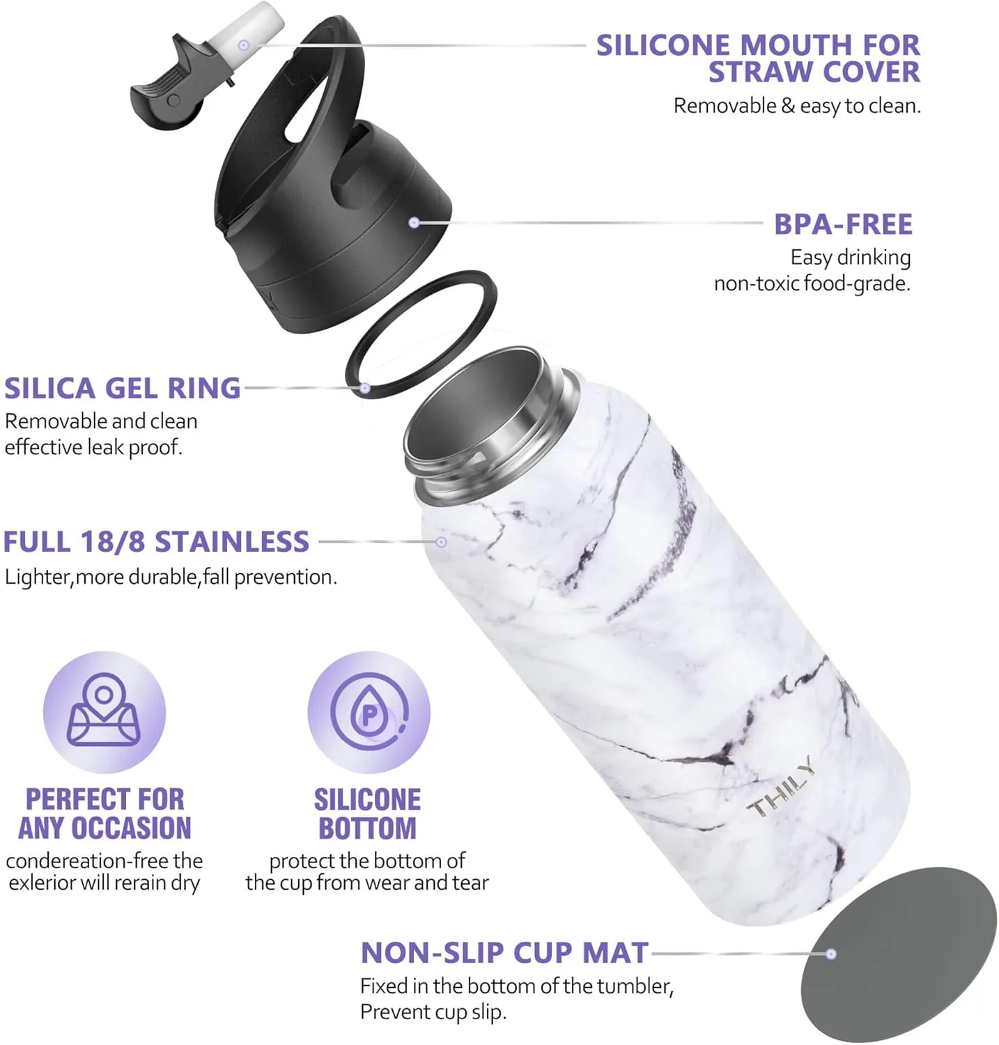 Stainless Steel Sports Water Bottle - THILY Vacuum Insulated 32 oz Leakproof Wide Mouth Water Flask with 2 Lids and Straws, Keep Hot 12 Hours Cold 36 Hours, BPA Free, White Marble