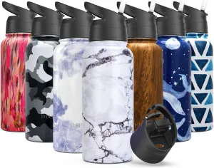 Stainless Steel Sports Water Bottle - THILY Vacuum Insulated 32 oz Leakproof Wide Mouth Water Flask with 2 Lids and Straws, Keep Hot 12 Hours Cold 36 Hours, BPA Free, White Marble