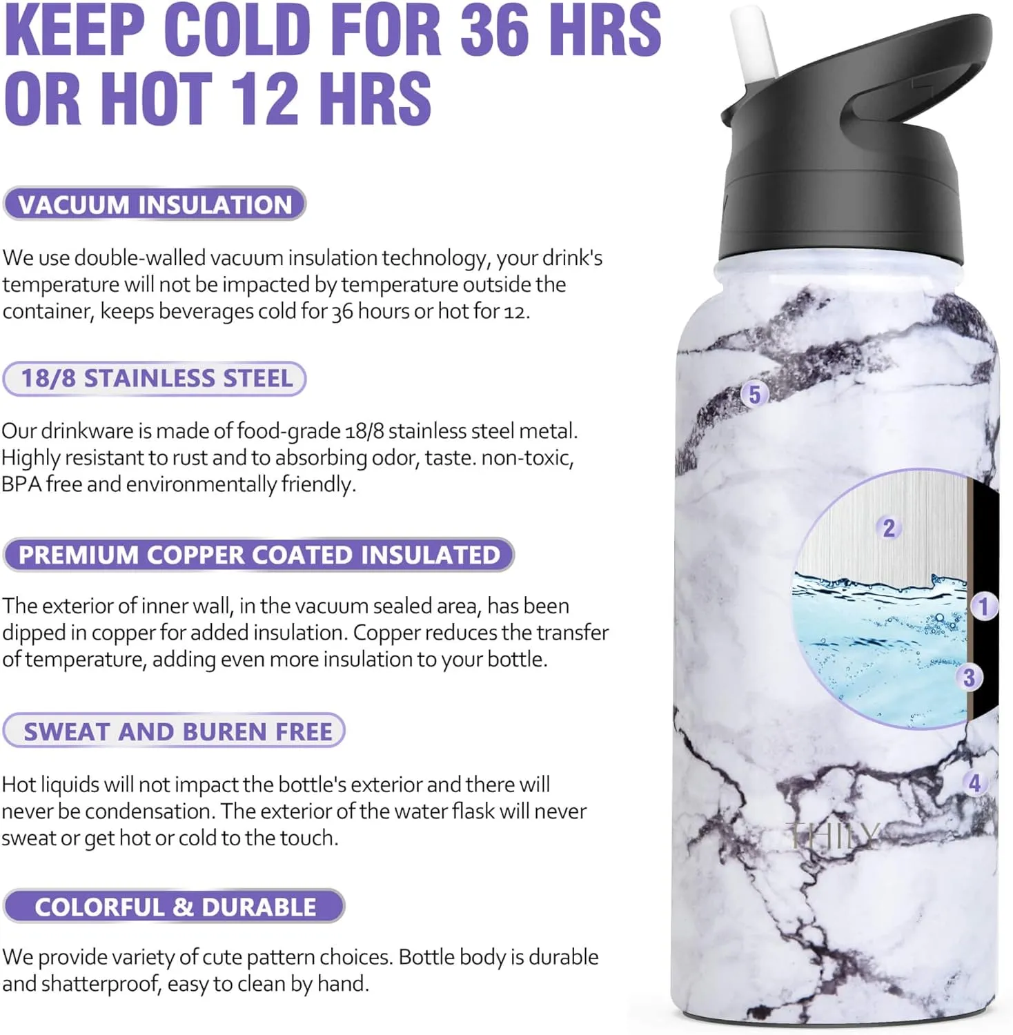 Stainless Steel Sports Water Bottle - THILY Vacuum Insulated 32 oz Leakproof Wide Mouth Water Flask with 2 Lids and Straws, Keep Hot 12 Hours Cold 36 Hours, BPA Free, White Marble