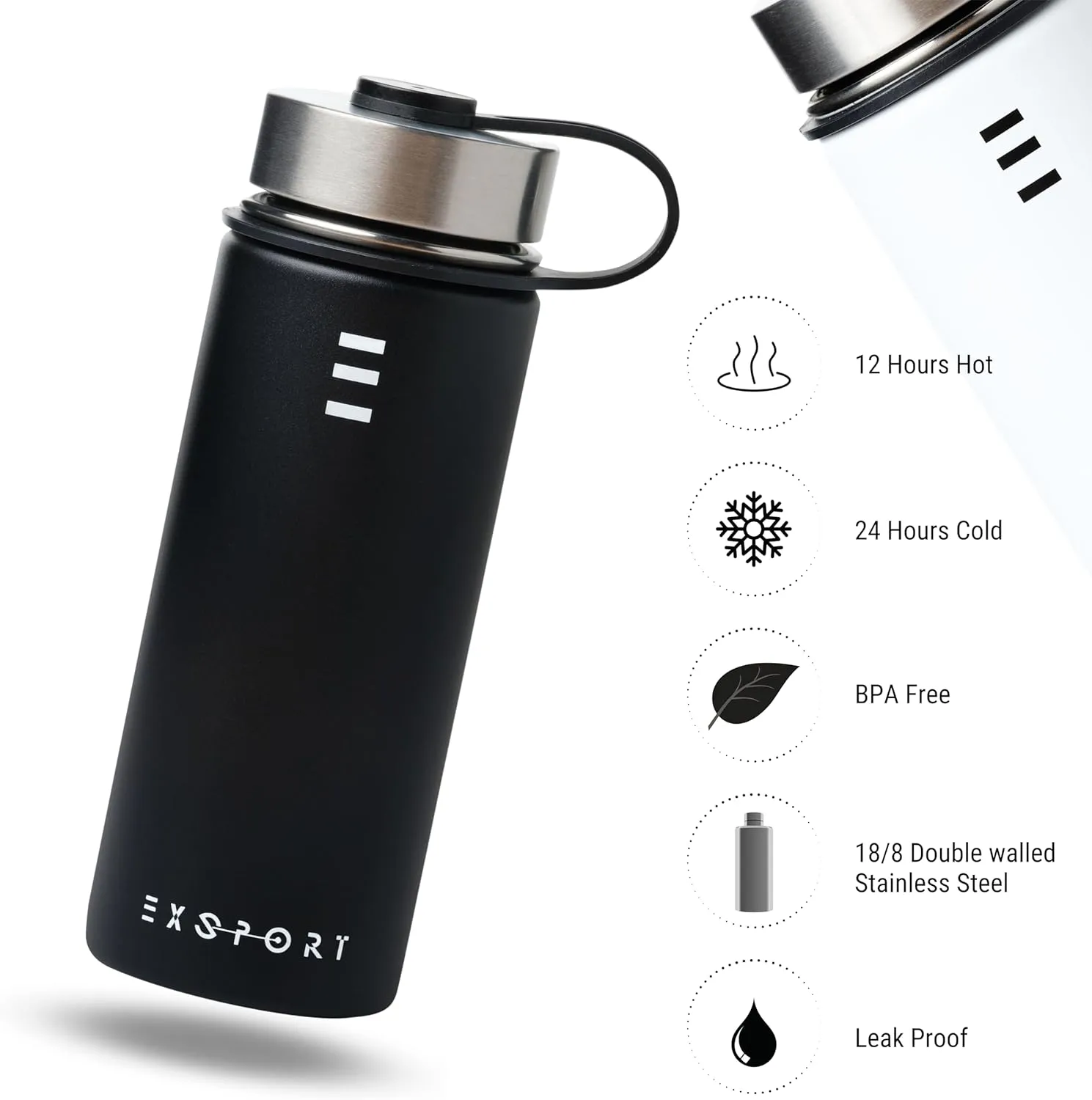 Stainless Steel Thermos - 18 Oz Water Bottle with Straw & Coffee Lid - Double Insulated - Hot & Cold - (Black)