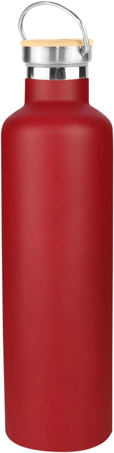 Stainless Steel Water Bottle for Hot and Cold Drinks - Double Wall Insulated Thermos for Water, Soda, Coffee, Tea with Wide Mouth, Metal Handle, Bamboo Top - Great for Travel, Hiking, Camping