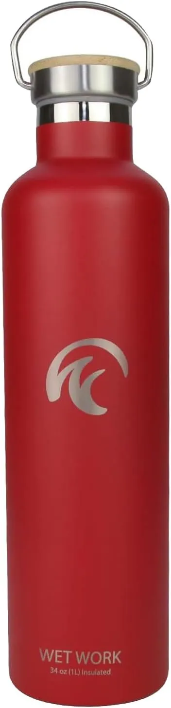 Stainless Steel Water Bottle for Hot and Cold Drinks - Double Wall Insulated Thermos for Water, Soda, Coffee, Tea with Wide Mouth, Metal Handle, Bamboo Top - Great for Travel, Hiking, Camping