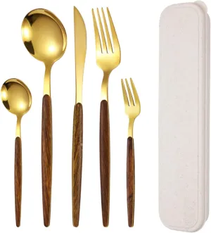 Stainless Steel Western Food Knife, Fork, Spoon Tableware Set, Outdoor Camping Portable Tableware (Including Storage Box) (Color : Gold, Size : 5-piece set)
