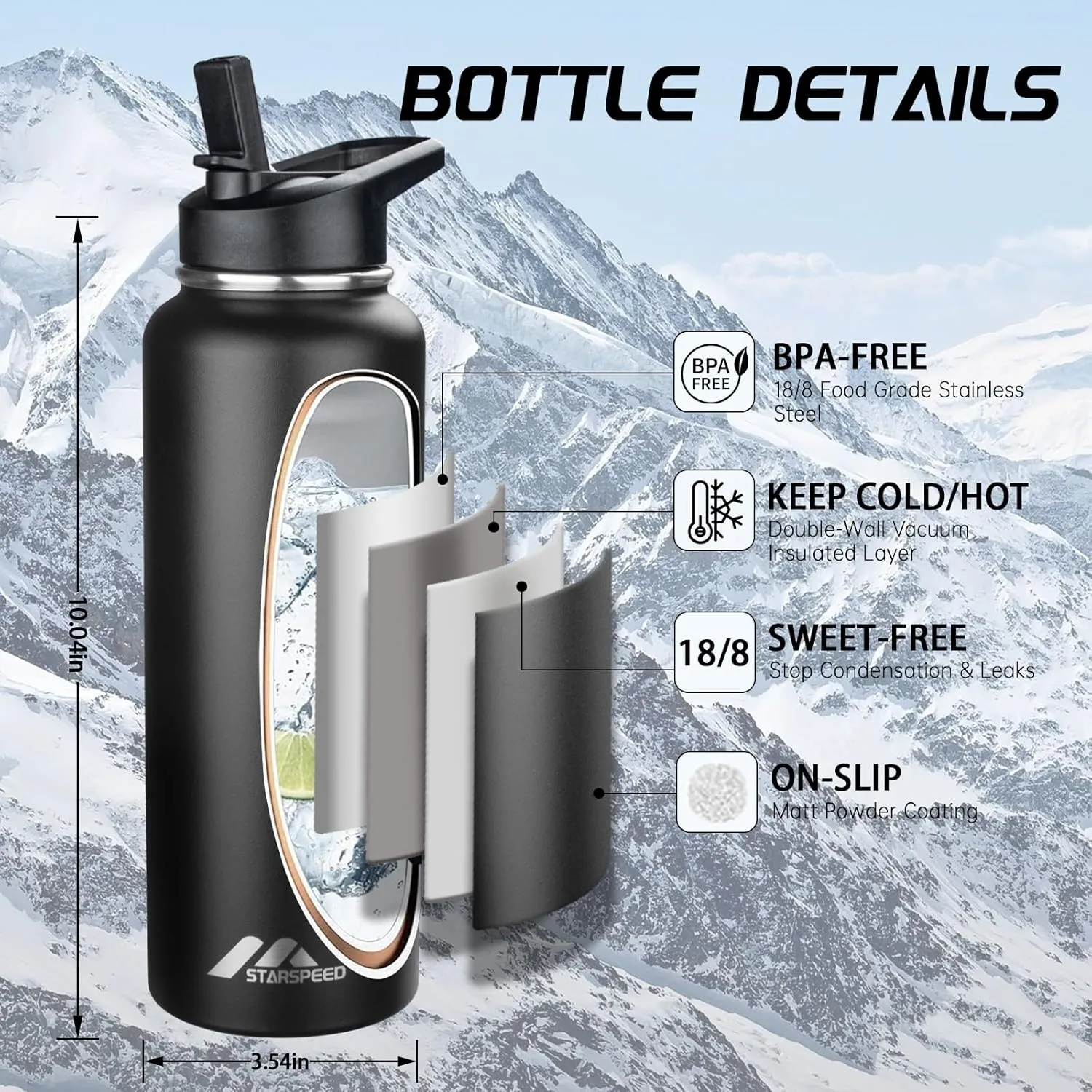 StarSpeed 40oz Insulated Water Bottle with Straws & 2 Lids, Stainless Steel Double Walled Vacuum Water Flask, Wide Mouth Sports Water Bottle for Gym Camping Hiking, Black