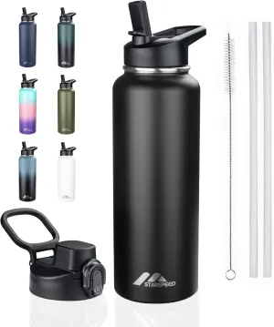StarSpeed 40oz Insulated Water Bottle with Straws & 2 Lids, Stainless Steel Double Walled Vacuum Water Flask, Wide Mouth Sports Water Bottle for Gym Camping Hiking, Black