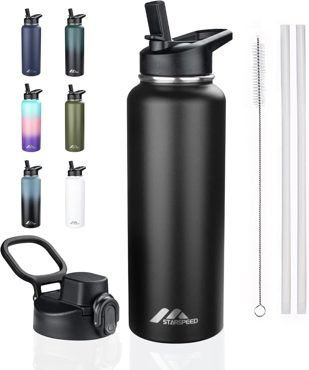 StarSpeed 40oz Insulated Water Bottle with Straws & 2 Lids, Stainless Steel Double Walled Vacuum Water Flask, Wide Mouth Sports Water Bottle for Gym Camping Hiking, Black