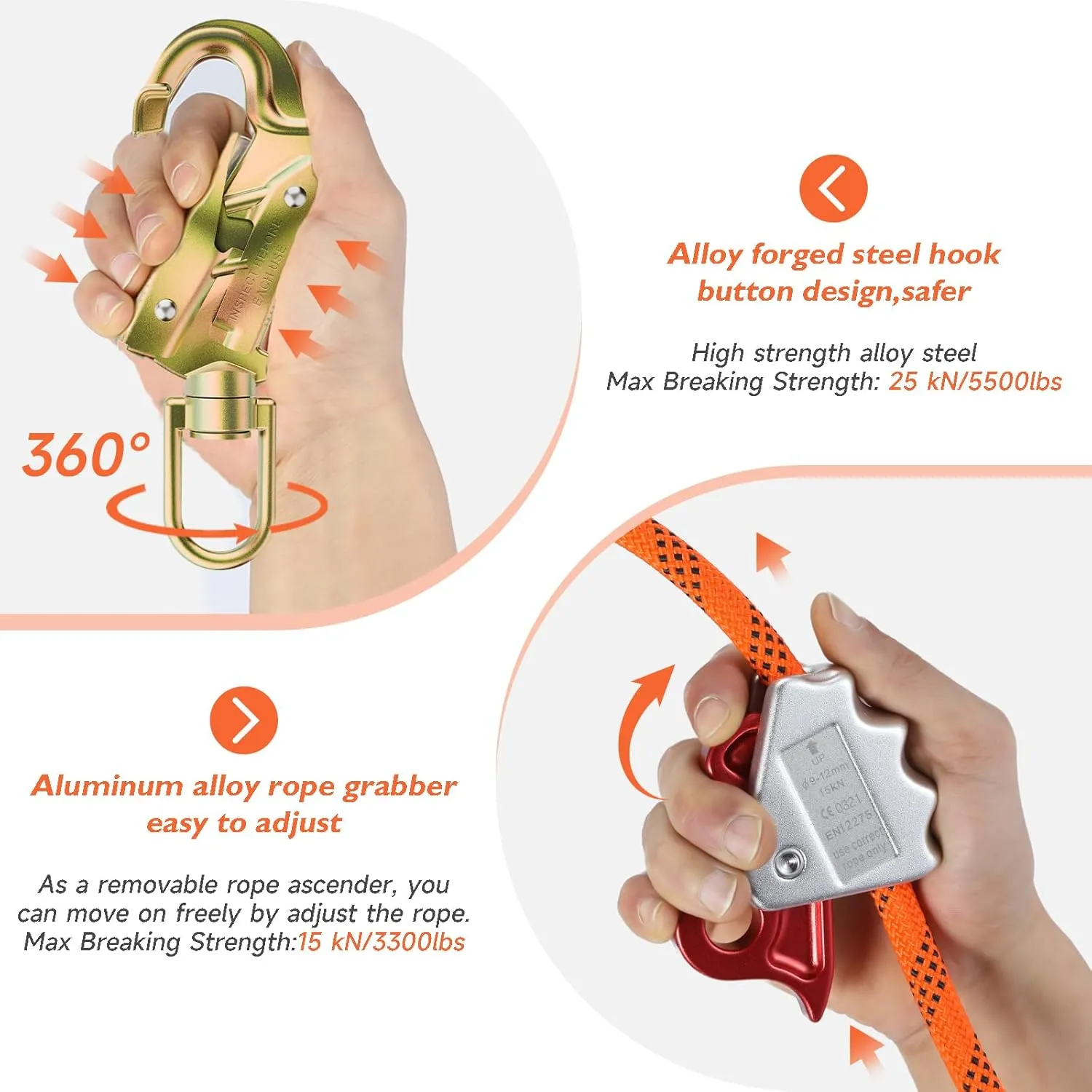 Steel Wire Core Flipline 1/2" X 8ft Fall Protection Arborist Climbing Flip Line Tree Climbing Rope with Steel Swivel Snap Hook Triple Lock Carabiner Rope Grab Adjuster