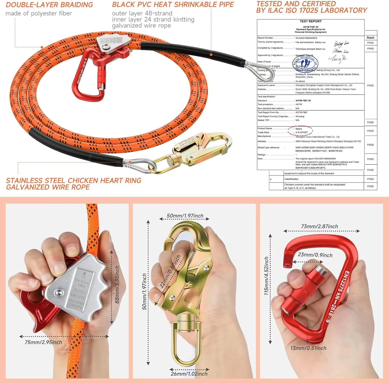 Steel Wire Core Flipline 1/2" X 8ft Fall Protection Arborist Climbing Flip Line Tree Climbing Rope with Steel Swivel Snap Hook Triple Lock Carabiner Rope Grab Adjuster