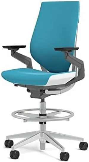 Steelcase Gesture 442 Stool Chair - Cogent: Connect Blue Jay Fabric, Shell Back, Light on Light Frame, Wheels for Hard Flooring