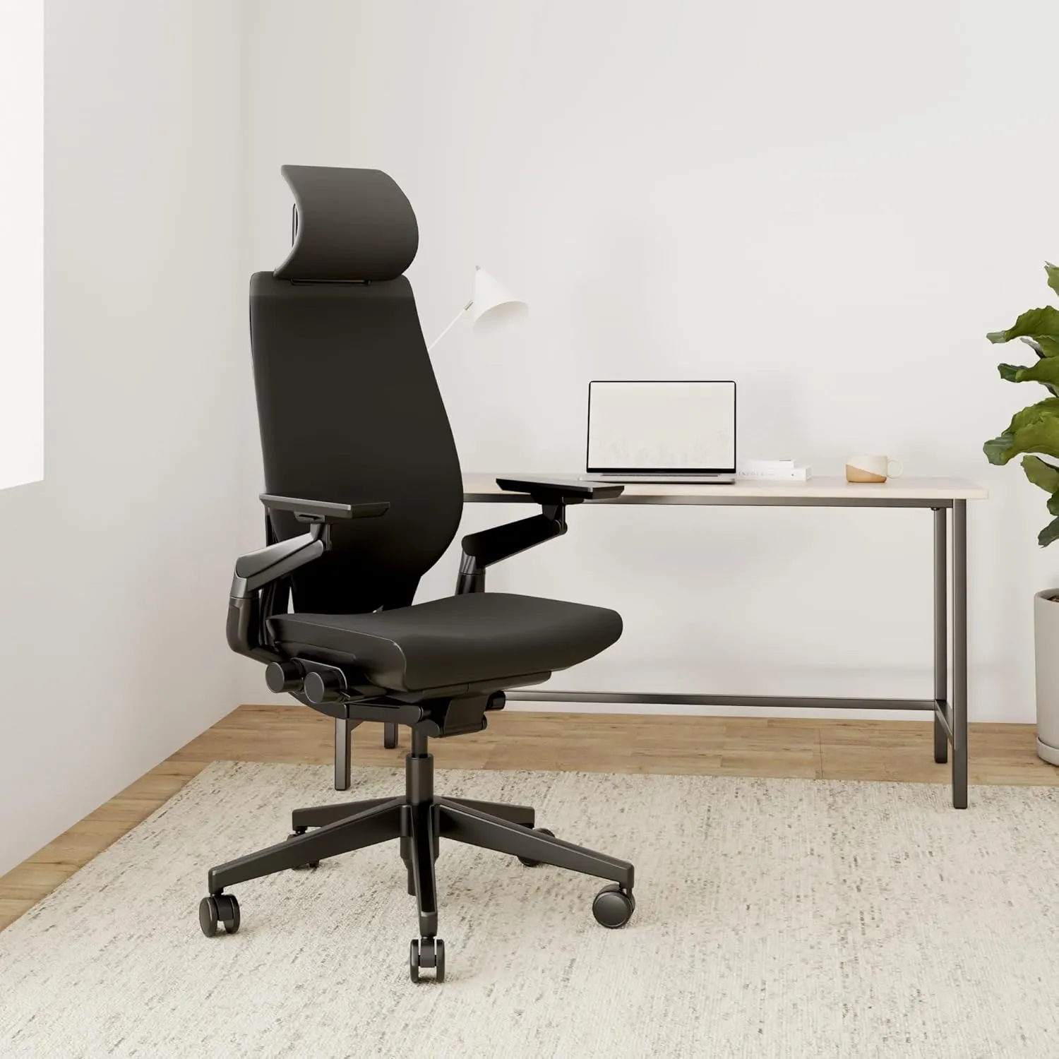 Steelcase Gesture Office Chair with Head Rest - Ergonomic Work Chair with Wheels for Carpet - Comfortable Office Chair - Intuitive-to-Adjust Chairs for Desk - 360-Degree Arms - Licorice Fabric