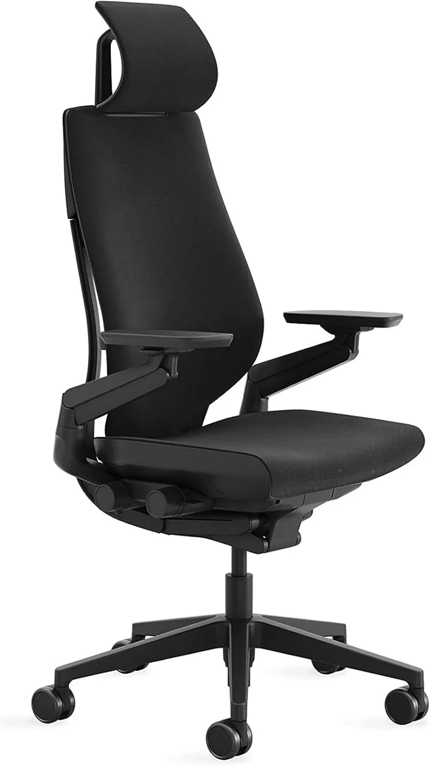 Steelcase Gesture Office Chair with Head Rest - Ergonomic Work Chair with Wheels for Carpet - Comfortable Office Chair - Intuitive-to-Adjust Chairs for Desk - 360-Degree Arms - Licorice Fabric