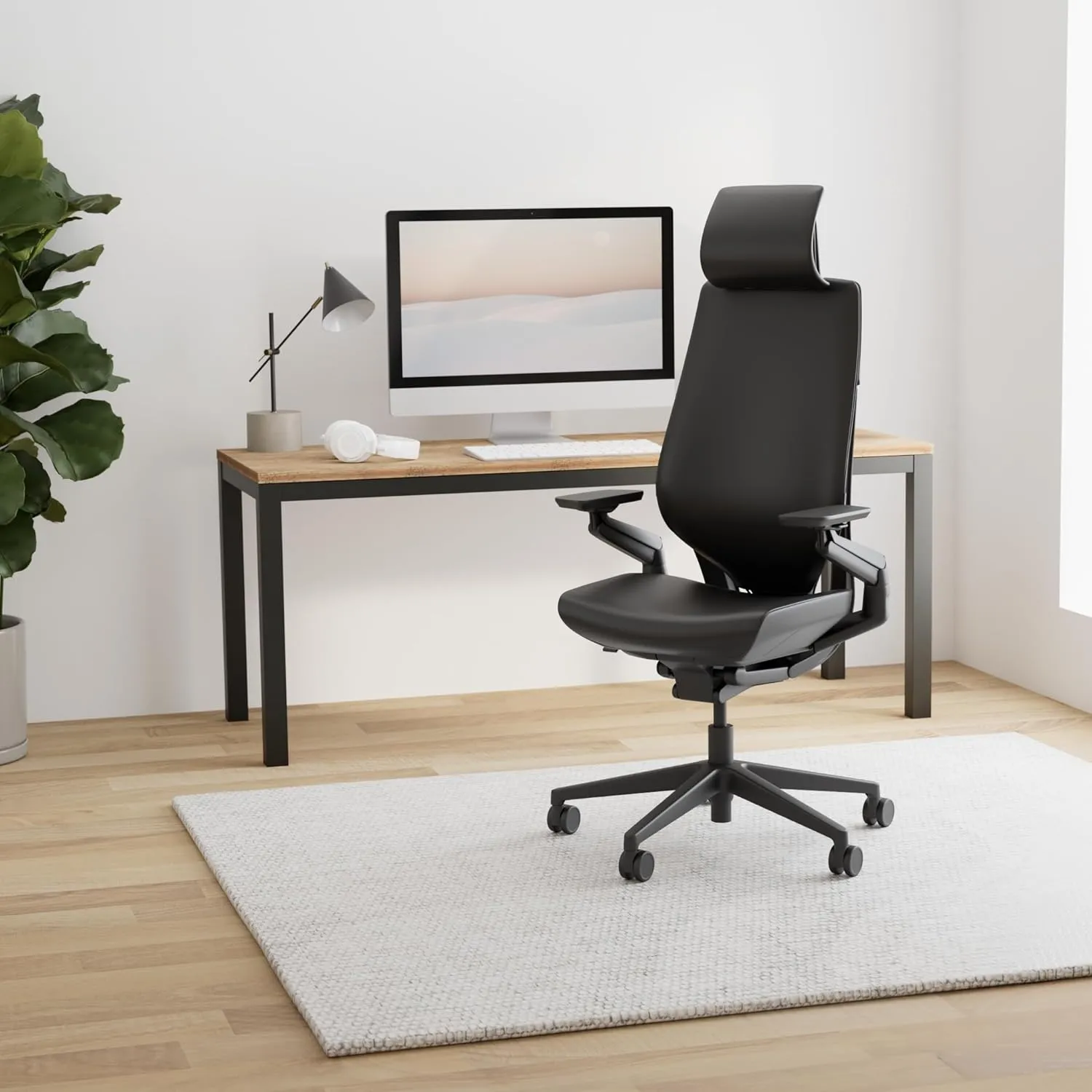 Steelcase Gesture Office Chair with Head Rest - Ergonomic Work Chair with Wheels for Hard Flooring - Comfortable Office Chair - Intuitive-to-Adjust Chairs for Desk - 360-Degree Arms - Licorice Fabric