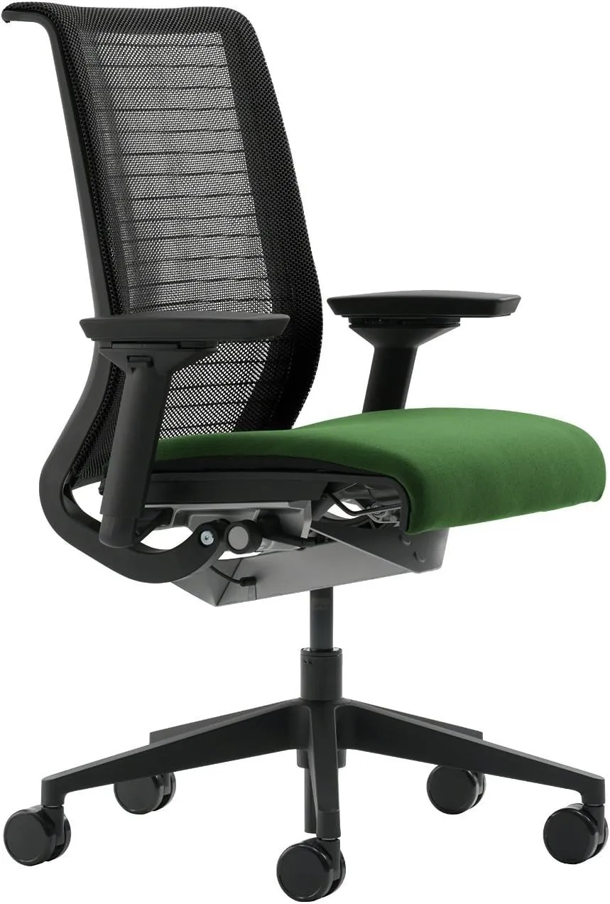 Steelcase Think Task Chair: Fixed Lumbar - Adjustable Arms - Standard Carpet Casters - Black 3D Knit Back