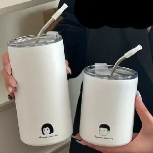 Stylish Stainless Steel Couple Coffee Mug - Portable Thermos with Straw