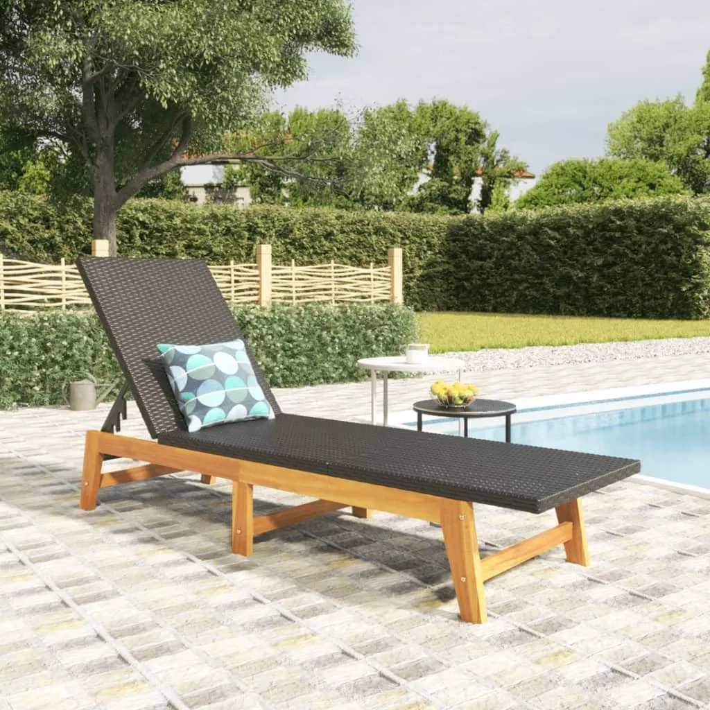 Sun Lounger Black and Brown Poly Rattan and Solid Wood Acaciarecliner Patio Tanning Chair Camping chairsSuitable for Garden Courtyard