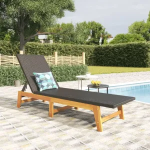 Sun Lounger Black and Brown Poly Rattan and Solid Wood Acaciarecliner Patio Tanning Chair Camping chairsSuitable for Garden Courtyard
