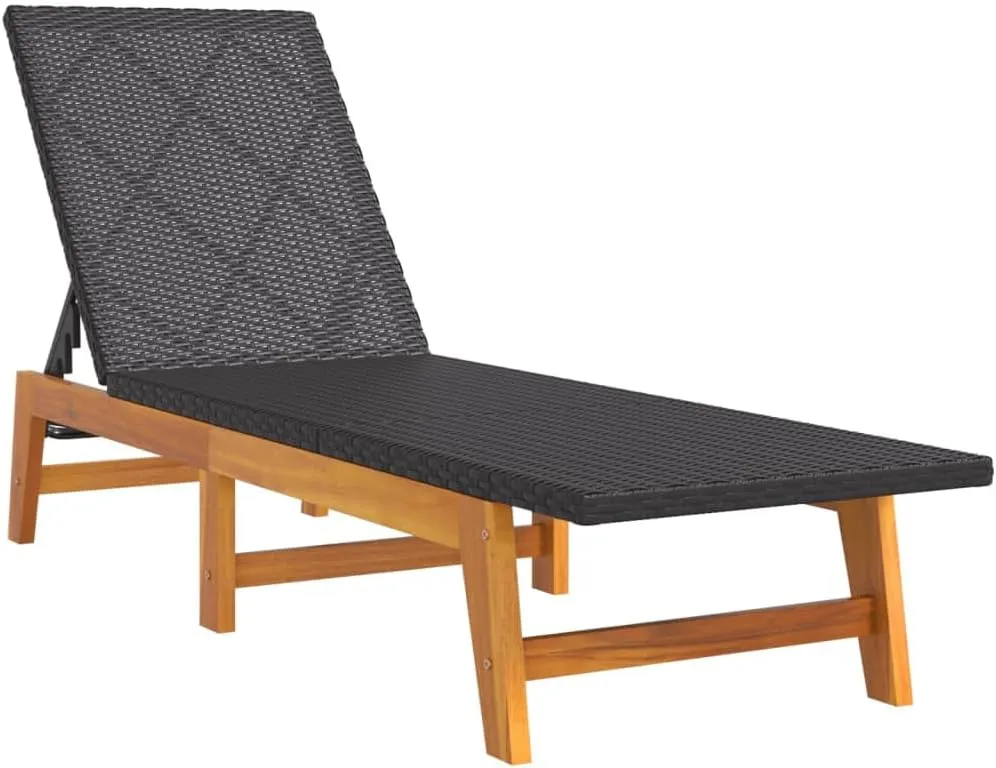 Sun Lounger Black and Brown Poly Rattan and Solid Wood Acaciarecliner Patio Tanning Chair Camping chairsSuitable for Garden Courtyard