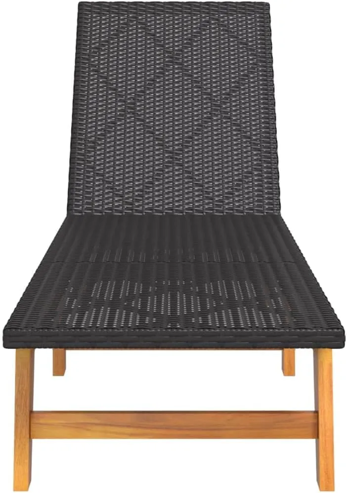 Sun Lounger Black and Brown Poly Rattan and Solid Wood Acaciarecliner Patio Tanning Chair Camping chairsSuitable for Garden Courtyard