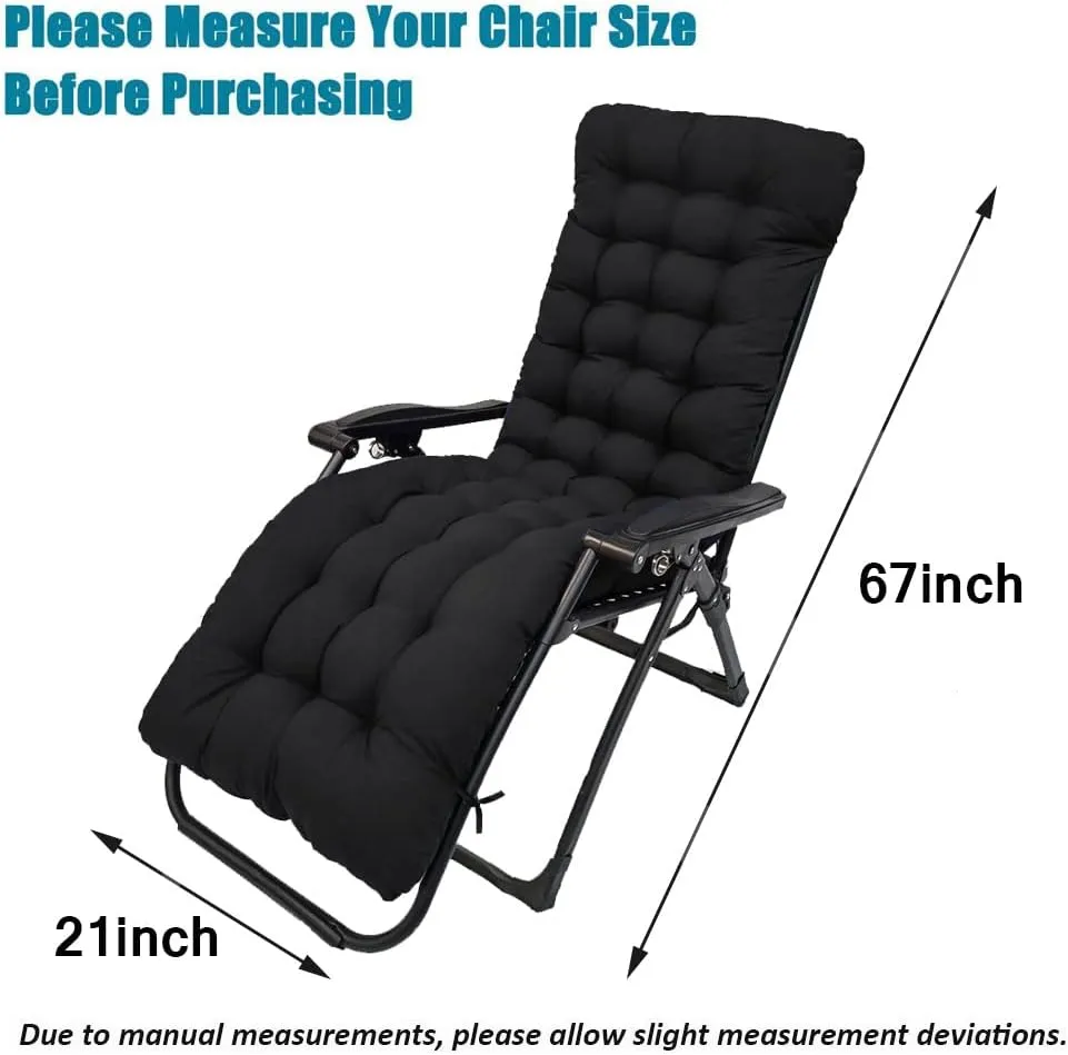 Sun Lounger Chair Cushions,67-inch Lounge Chaise Cushion Sun Lounger Mattress with Non-Slip Back Elastic Sleeve for Garden Outdoor/Indoor/Sofa/Tatami/Car Seat/Bench (Black)