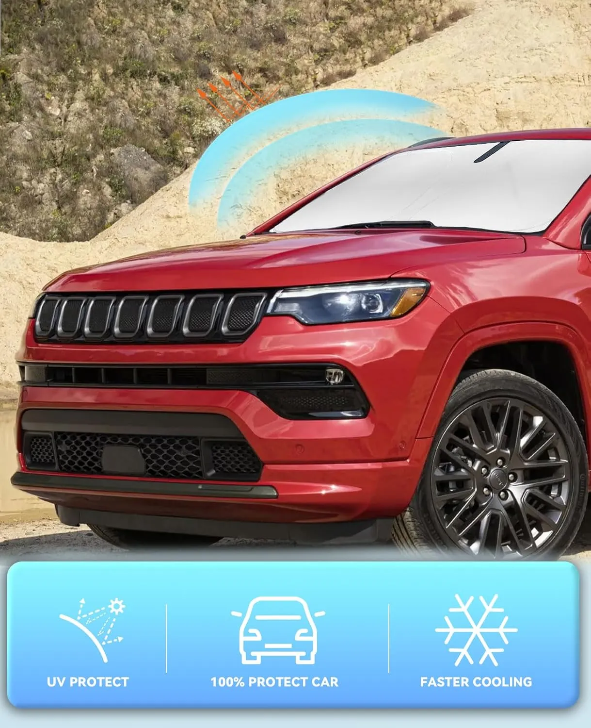 Sun Shade for Compass Windshield Sunshades for 2017-2023 2024 2025 Jeep Compass Windshield Cover Foldable Front Window Shields 240T Silver Coating Protector Sun Visor Blocks UV Rays Car Accessories