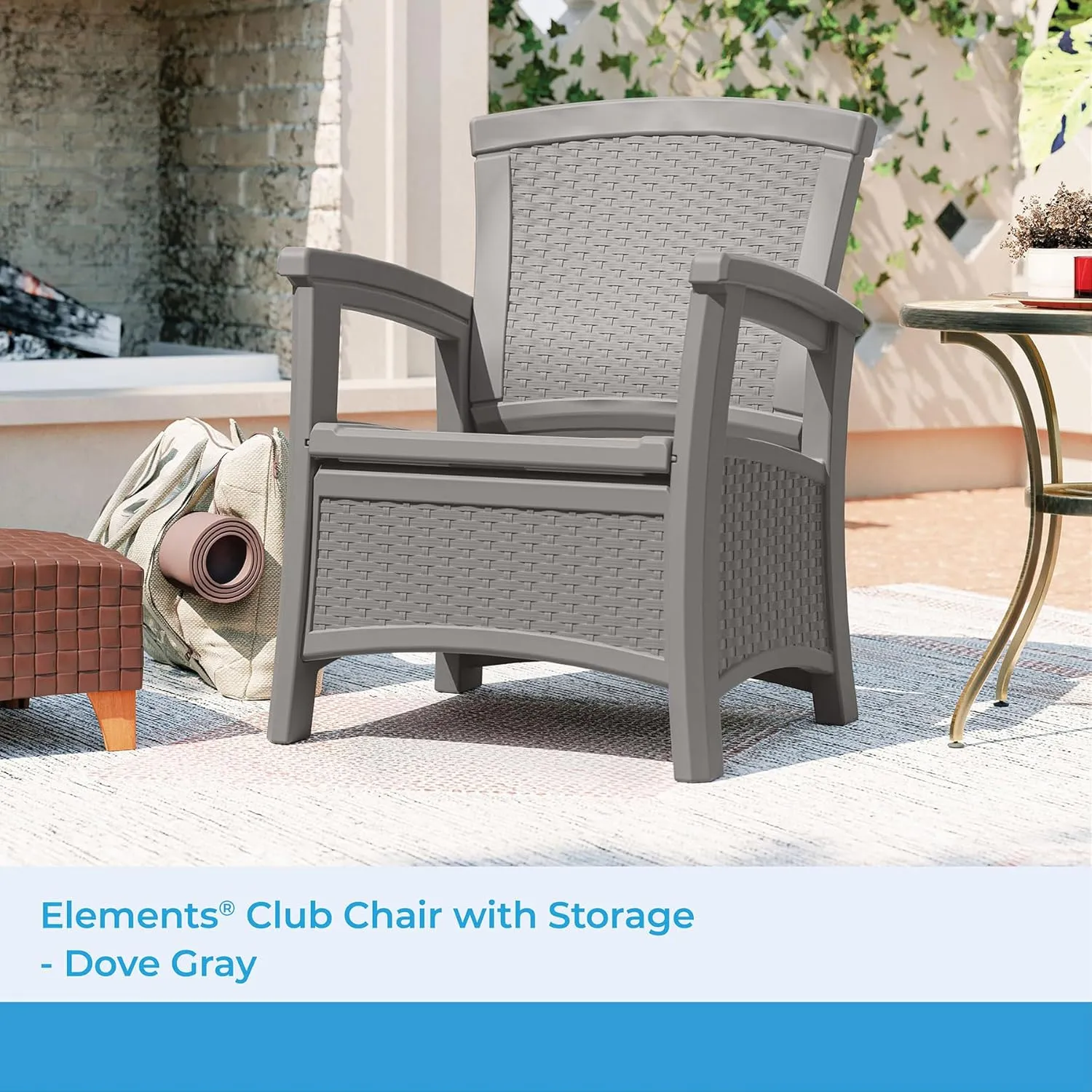 Suncast Elements Outdoor Resin Club Chair with 11-Gal. Storage Area, Modern Storage Chair for Patios, 18.75" W x 18.75" D x 18" H, Gray