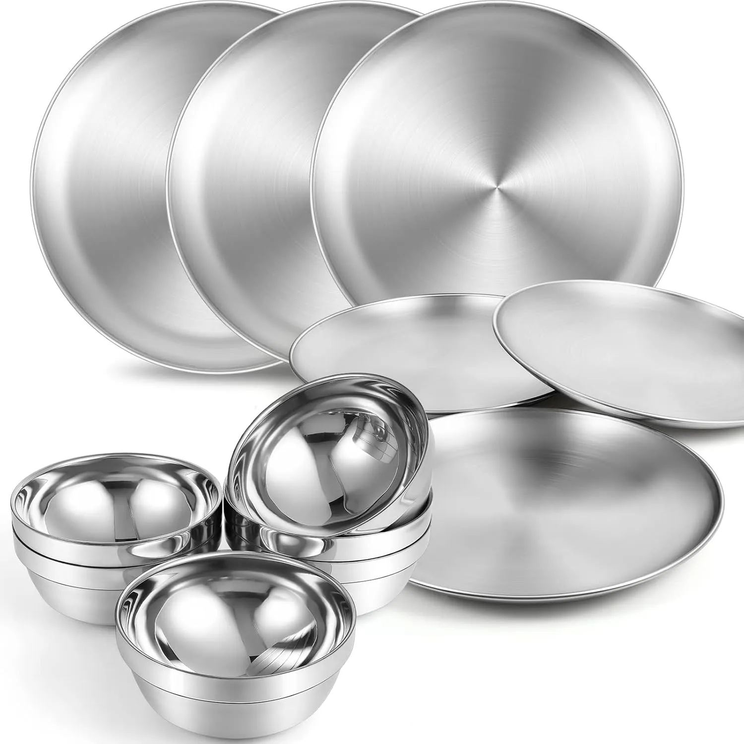Sunnyray Stainless Steel Plates and Bowls Metal Camping Plates Reusable 13oz Steel Snack Feeding Serving Dinner Dishes Double Walled Insulated Metal Bowls for Kids(6 Set,8 Inch)