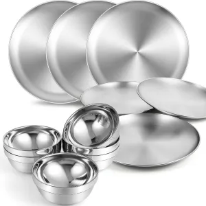 Sunnyray Stainless Steel Plates and Bowls Metal Camping Plates Reusable 13oz Steel Snack Feeding Serving Dinner Dishes Double Walled Insulated Metal Bowls for Kids(6 Set,8 Inch)