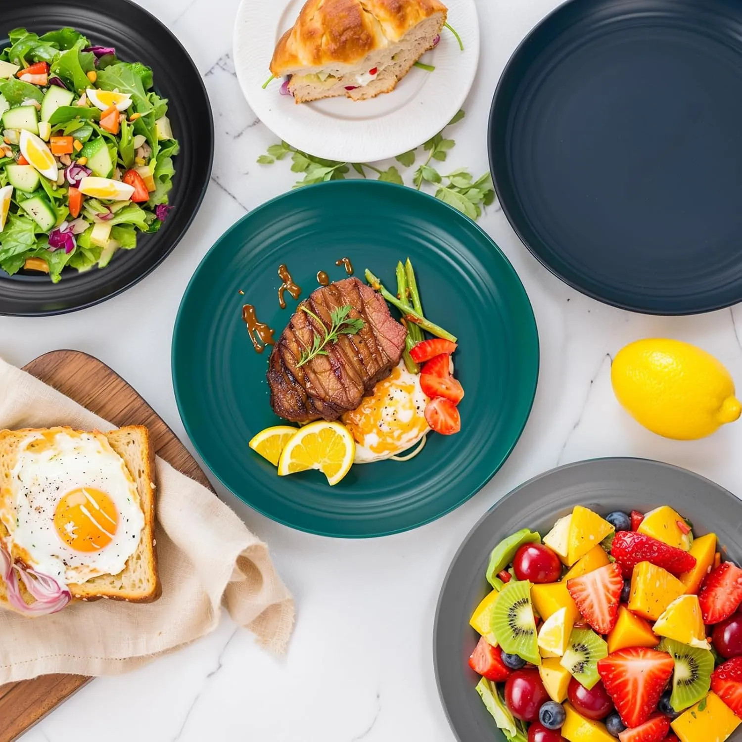 Supernal 10" Wheat Straw Dinner Plates,Reusable&Durable Plastic Plates Dishwasher Safe,16-Pack (4 Black, 4 Dark Green, 4 Dark Blue, 4 Dark Gray), Versatile Tableware for Modern Dining and Outdoor Use