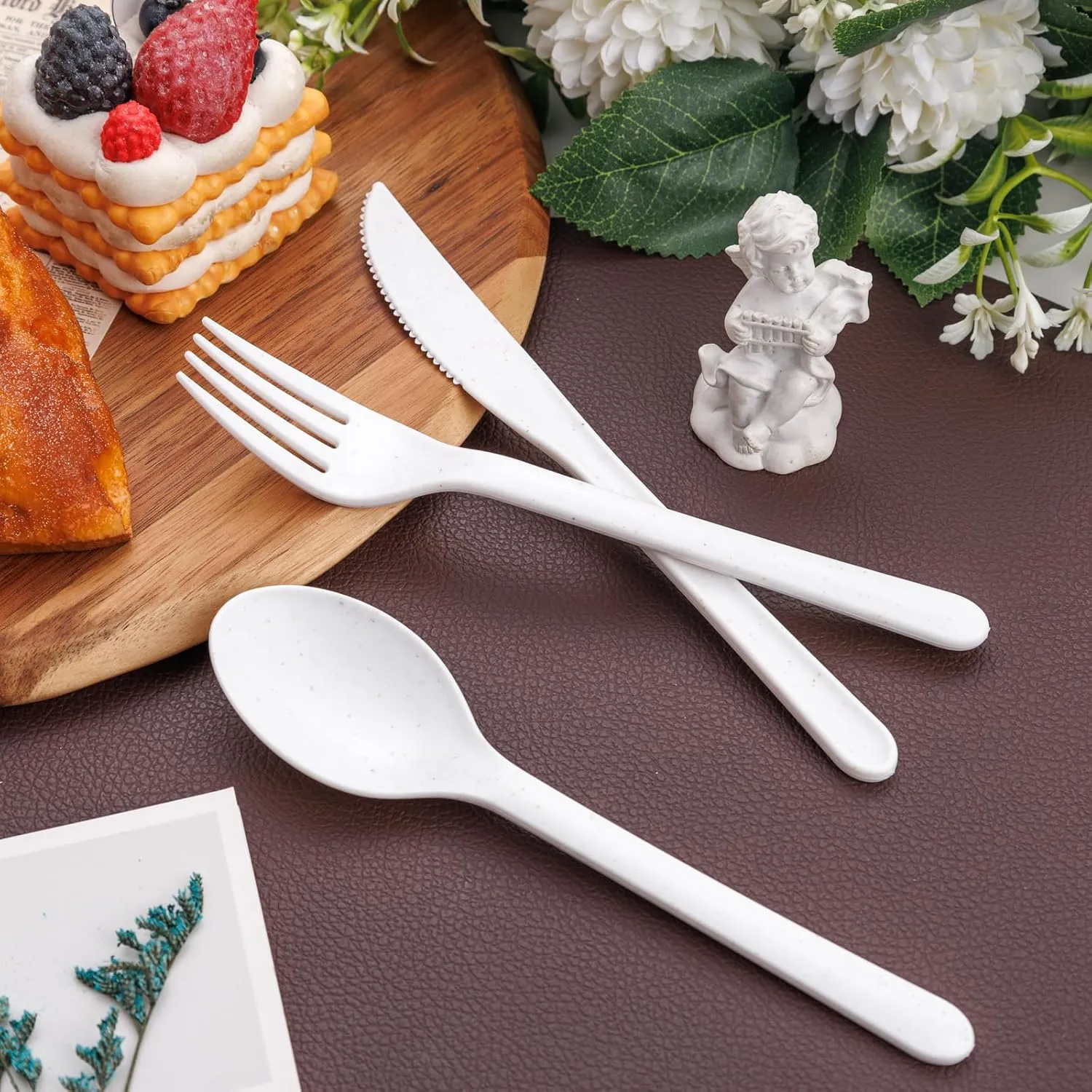 Supernal 180pcs Matt White Plastic Silverware Set - Heavy Duty Reusable Cutlery - Spoons, Knives, Forks - Dishwasher & Microwave Safe