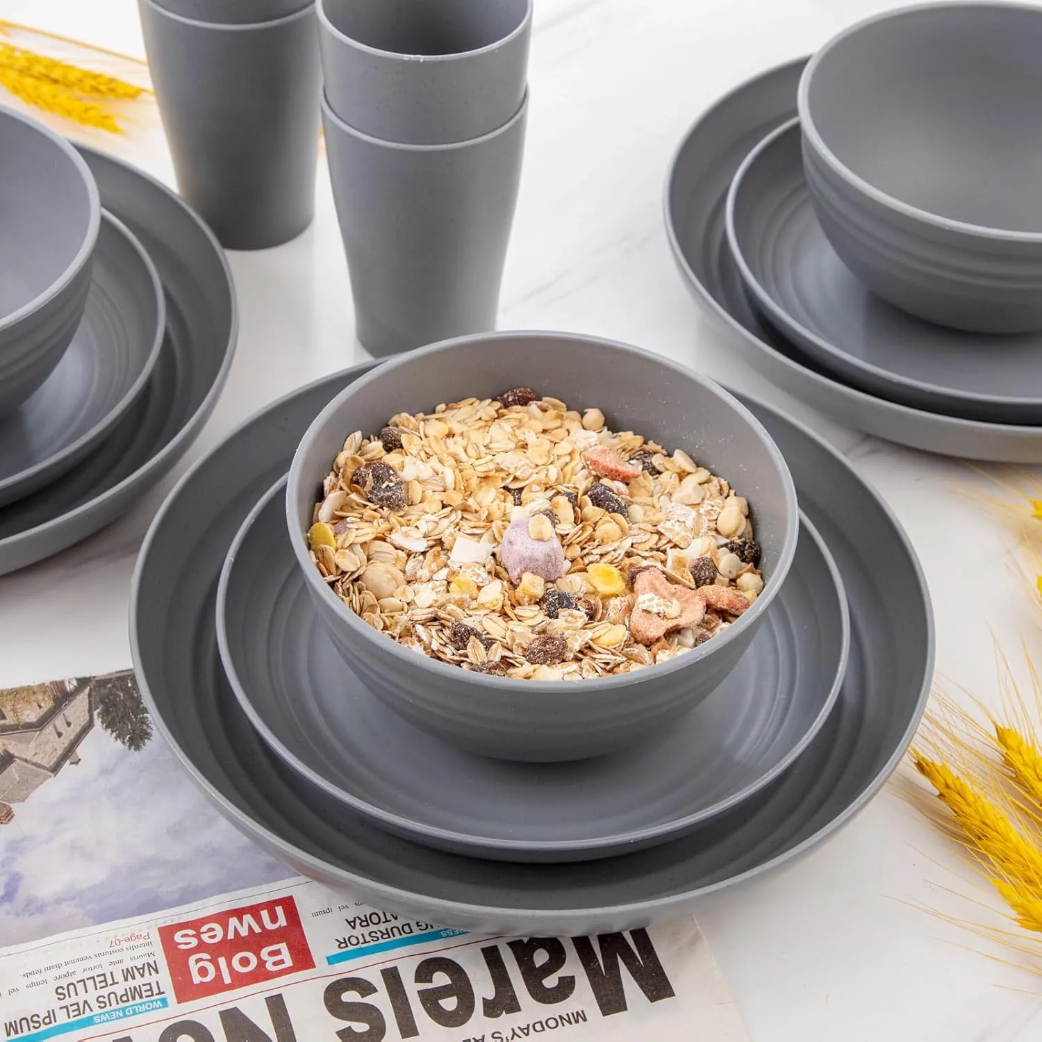 Supernal 32pcs Wheat Straw Dinnerware Sets,Unbreakable Dinnerware Sets for 8,Reusable Tableware,Straw Tableware,Dark Grey Set 16pcs Plates, 8pcs Bowls, 8pcs Cups