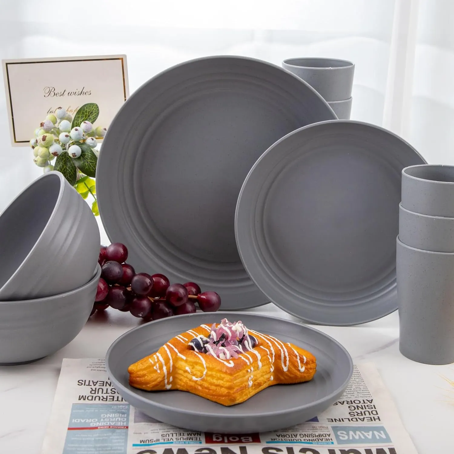 Supernal 32pcs Wheat Straw Dinnerware Sets,Unbreakable Dinnerware Sets for 8,Reusable Tableware,Straw Tableware,Dark Grey Set 16pcs Plates, 8pcs Bowls, 8pcs Cups